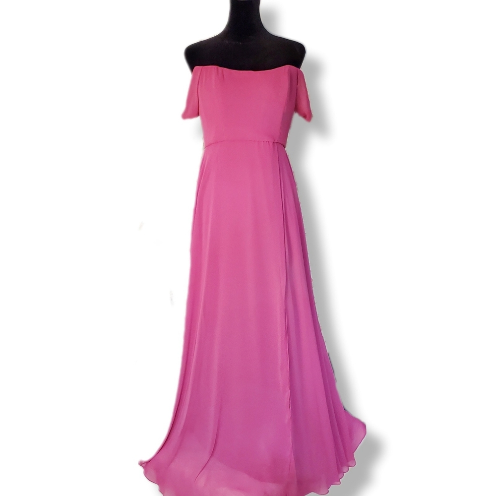 NWT After Six Elegant Lux Chiffon Off-the-Shoulder Tea Rose Maxi Dress Sz 8